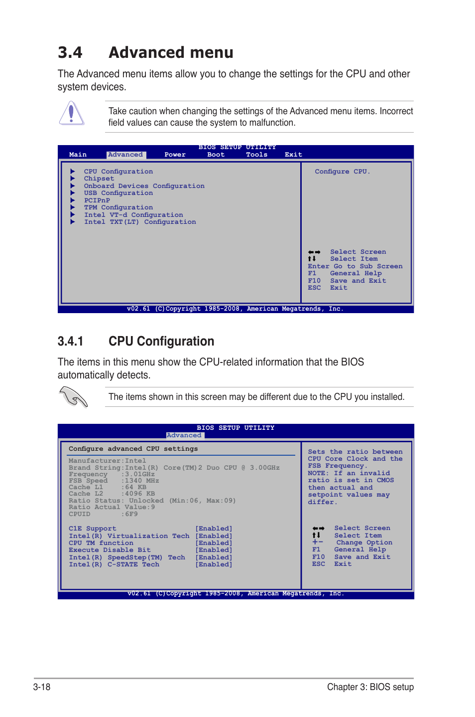 4 advanced menu, 1 cpu configuration, 18 chapter 3: bios setup | Asus BP5265 User Manual | Page 52 / 76