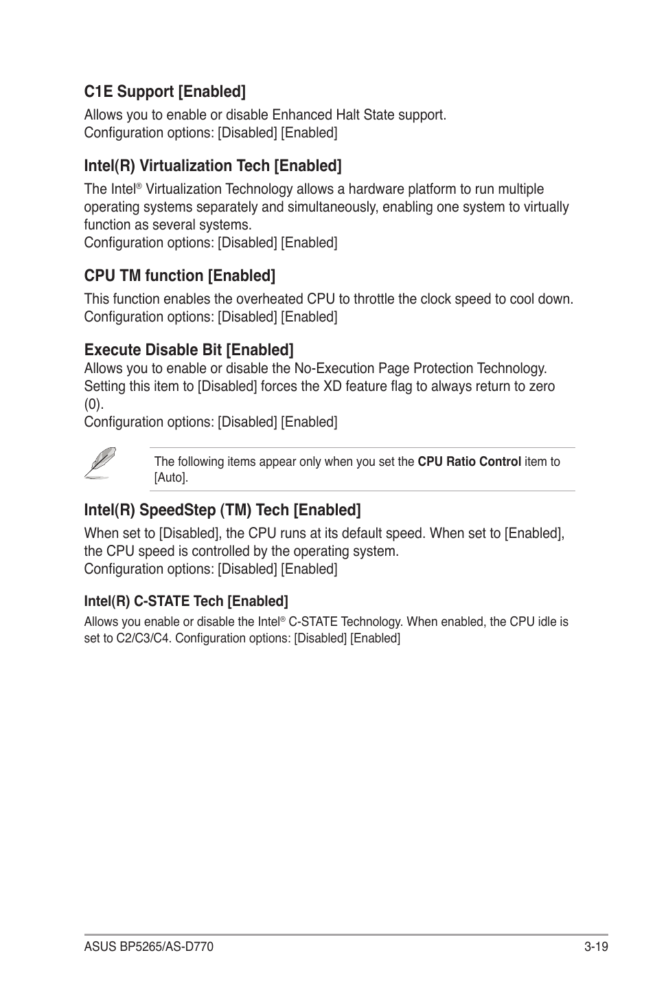 C1e support [enabled, Intel(r) virtualization tech [enabled, Cpu tm function [enabled | Execute disable bit [enabled, Intel(r) speedstep (tm) tech [enabled | Asus BP5265 User Manual | Page 53 / 76