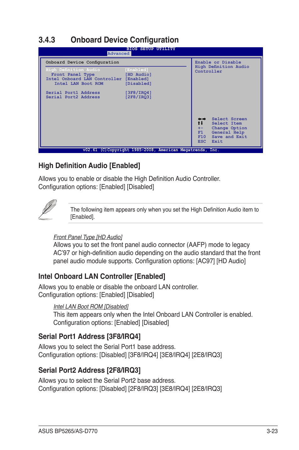3 onboard device configuration, High definition audio [enabled, Intel onboard lan controller [enabled | Serial port1 address [3f8/irq4, Serial port2 address [2f8/irq3 | Asus BP5265 User Manual | Page 57 / 76
