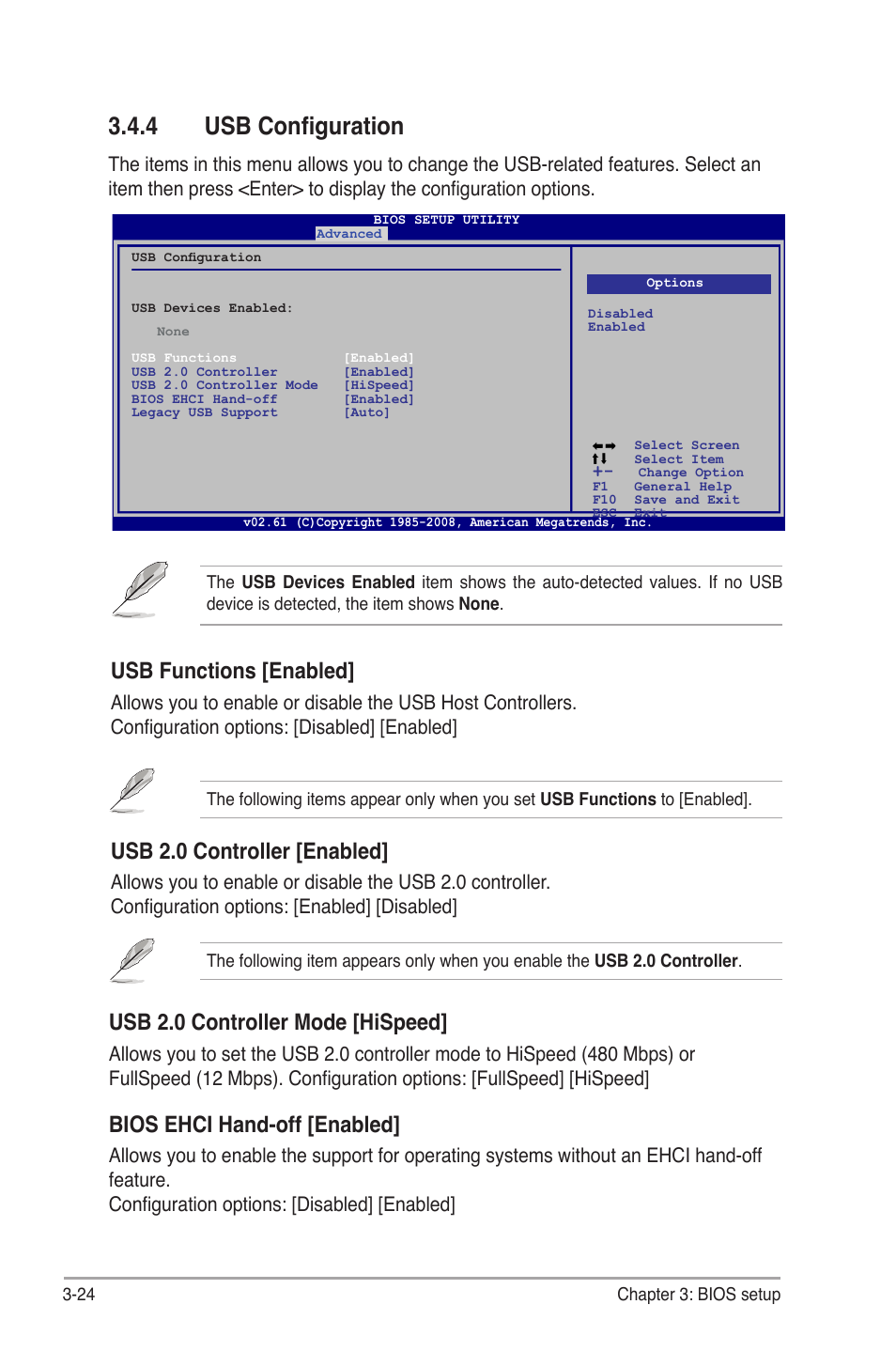 4 usb configuration, Usb functions [enabled, Usb 2.0 controller [enabled | Usb 2.0 controller mode [hispeed, Bios ehci hand-off [enabled | Asus BP5265 User Manual | Page 58 / 76