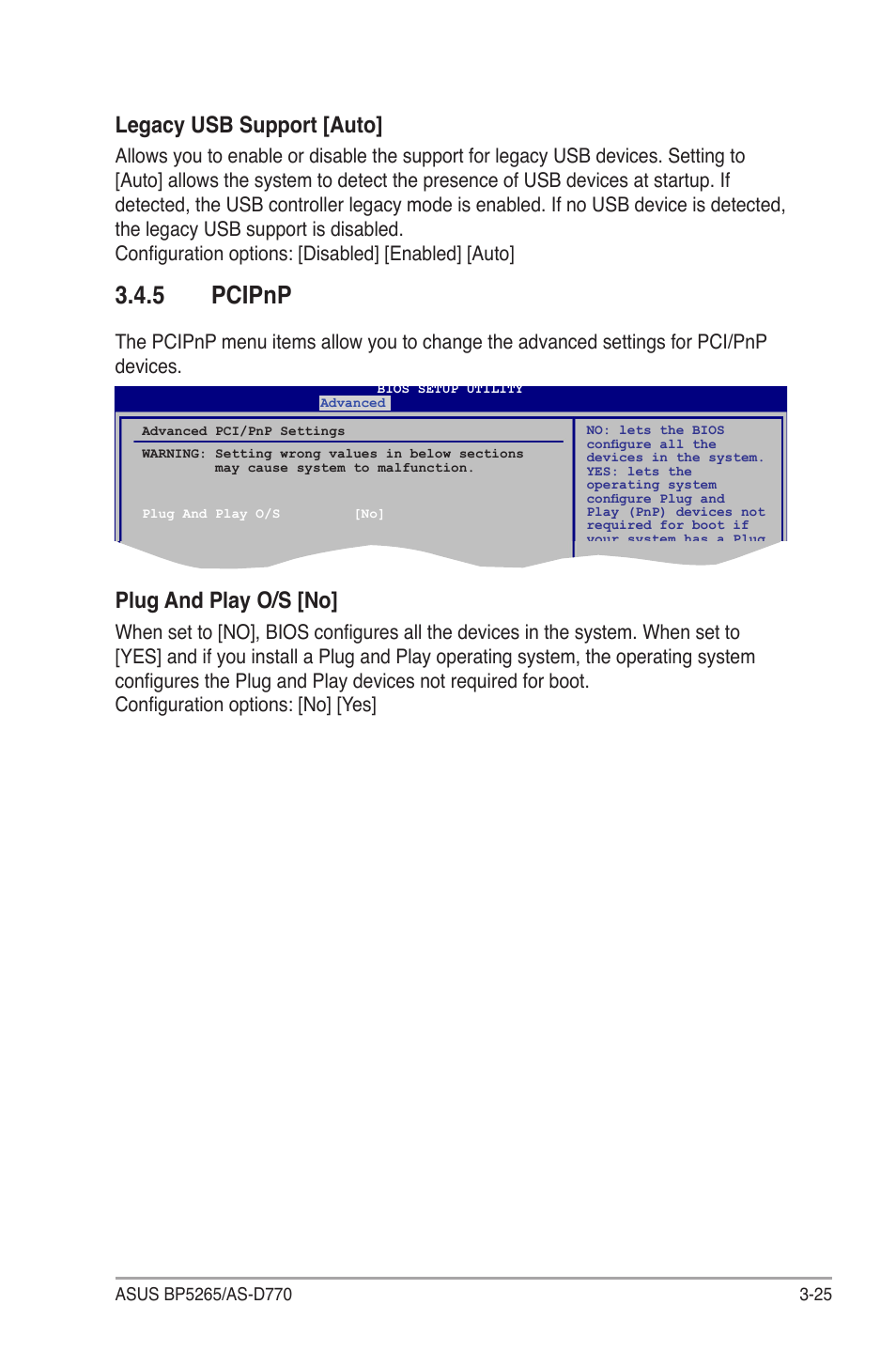 5 pcipnp, Legacy usb support [auto, Plug and play o/s [no | Asus BP5265 User Manual | Page 59 / 76