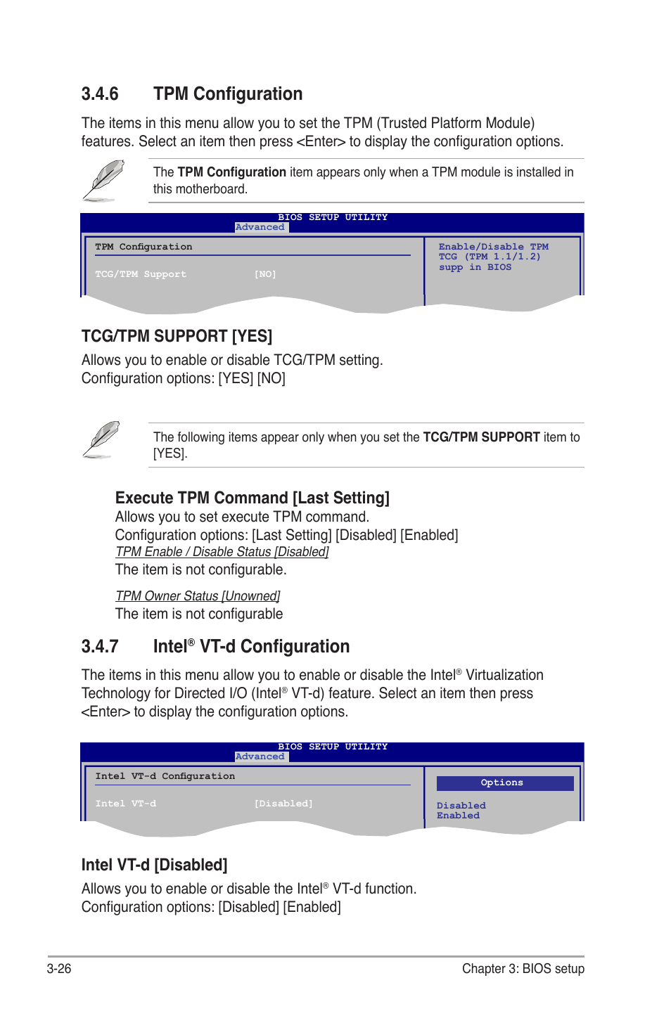 6 tpm configuration, 7 intel, Vt-d configuration | Tcg/tpm support [yes, Execute tpm command [last setting, Intel vt-d [disabled | Asus BP5265 User Manual | Page 60 / 76