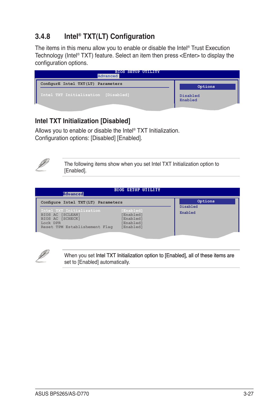 8 intel, Txt(lt) configuration, Intel txt initialization [disabled | Trust execution technology (intel, Allows you to enable or disable the intel | Asus BP5265 User Manual | Page 61 / 76