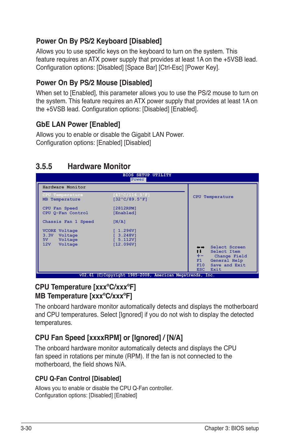 5 hardware monitor, Power on by ps/2 keyboard [disabled, Power on by ps/2 mouse [disabled | Gbe lan power [enabled | Asus BP5265 User Manual | Page 64 / 76