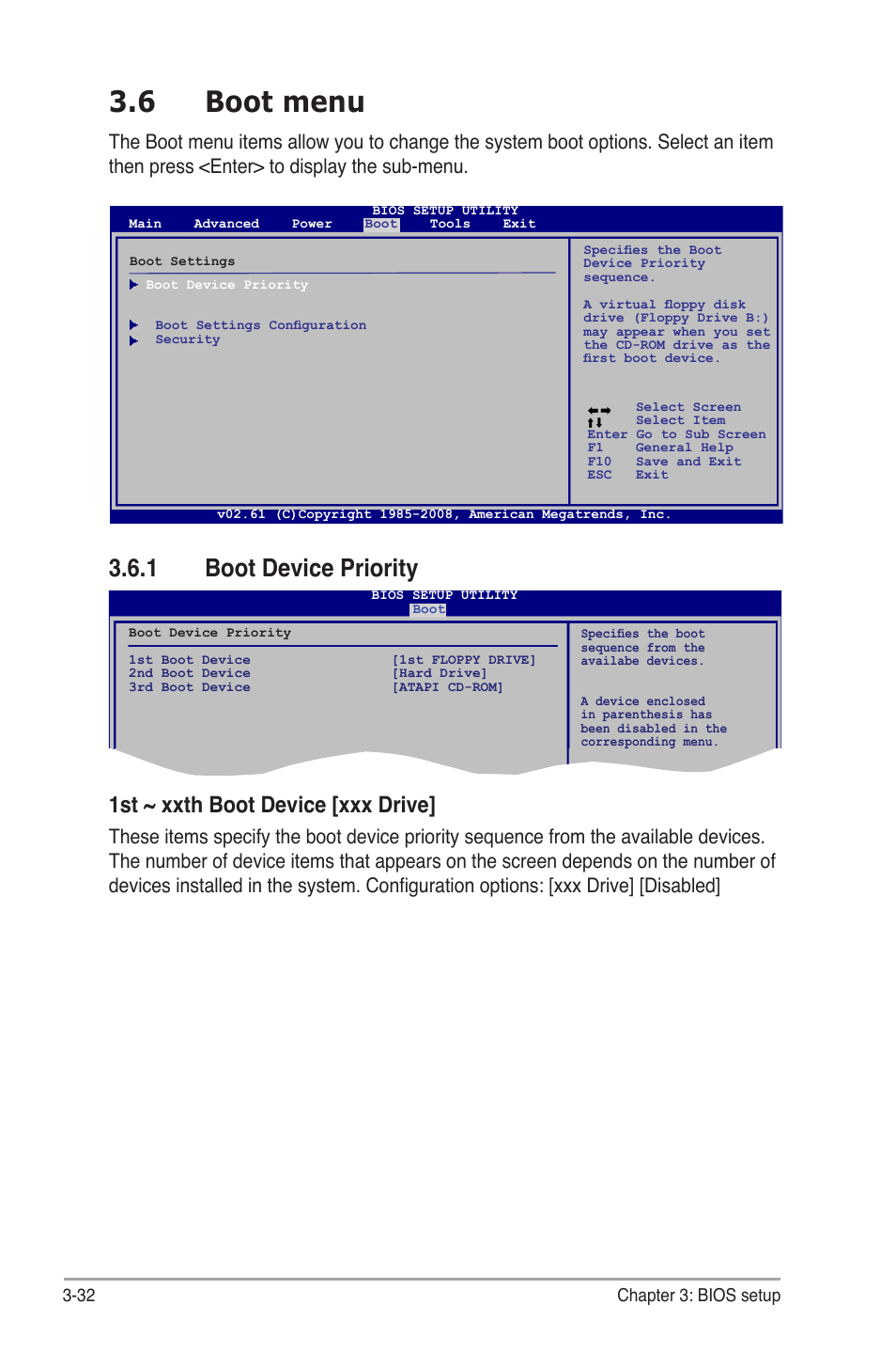 6 boot menu, 1 boot device priority, 1st ~ xxth boot device [xxx drive | Asus BP5265 User Manual | Page 66 / 76