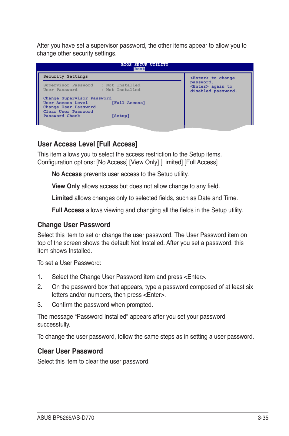 User access level [full access, Change user password, Clear user password | Select this item to clear the user password | Asus BP5265 User Manual | Page 69 / 76