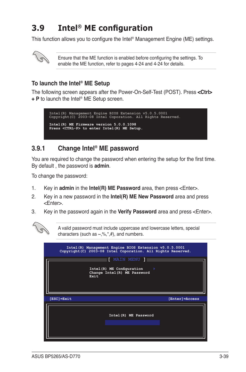 9 intel, Me configuration, 1 change intel | Me password, Me setup | Asus BP5265 User Manual | Page 73 / 76