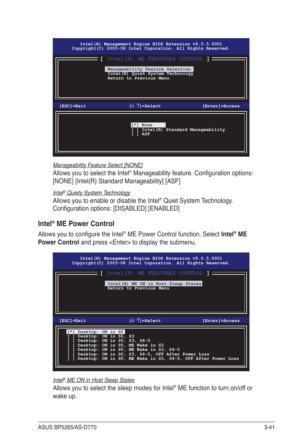 Intel, Me power control, Allows you to select the intel | Allows you to enable or disable the intel, Allows you to configure the intel, Me power control function. select intel, Allows you to select the sleep modes for intel, Me function to turn on/off or wake up | Asus BP5265 User Manual | Page 75 / 76