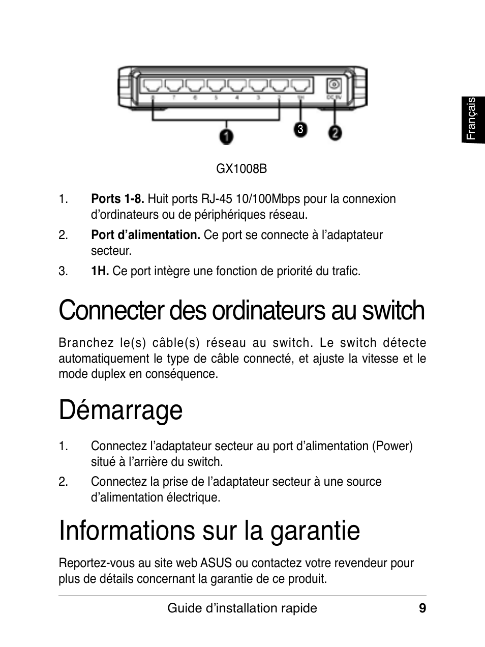 Démarrage, Connecter des ordinateurs au switch, Informations sur la garantie | Asus GX1008B V5 User Manual | Page 10 / 46