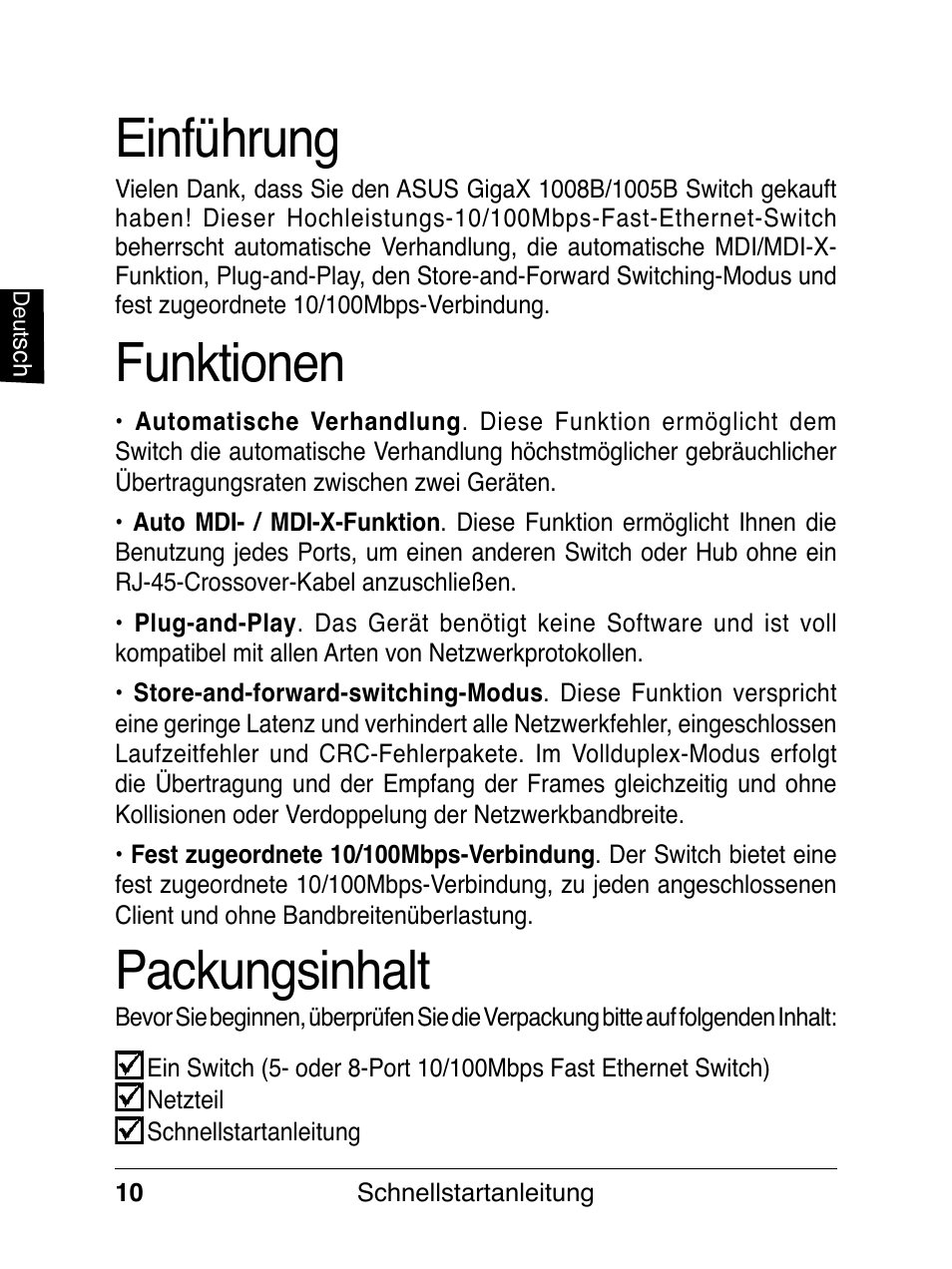 Einführung funktionen, Packungsinhalt | Asus GX1008B V5 User Manual | Page 11 / 46