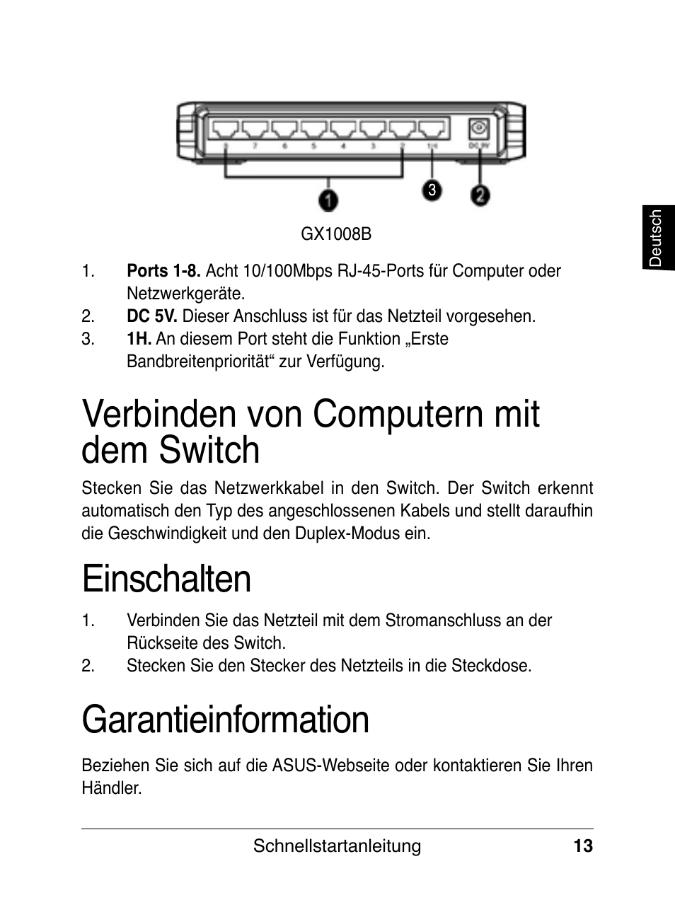 Einschalten, Verbinden von computern mit dem switch, Garantieinformation | Asus GX1008B V5 User Manual | Page 14 / 46