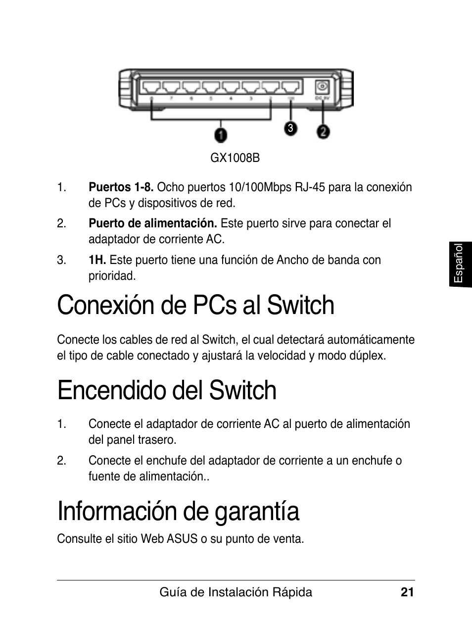 Encendido del switch, Conexión de pcs al switch, Información de garantía | Asus GX1008B V5 User Manual | Page 22 / 46