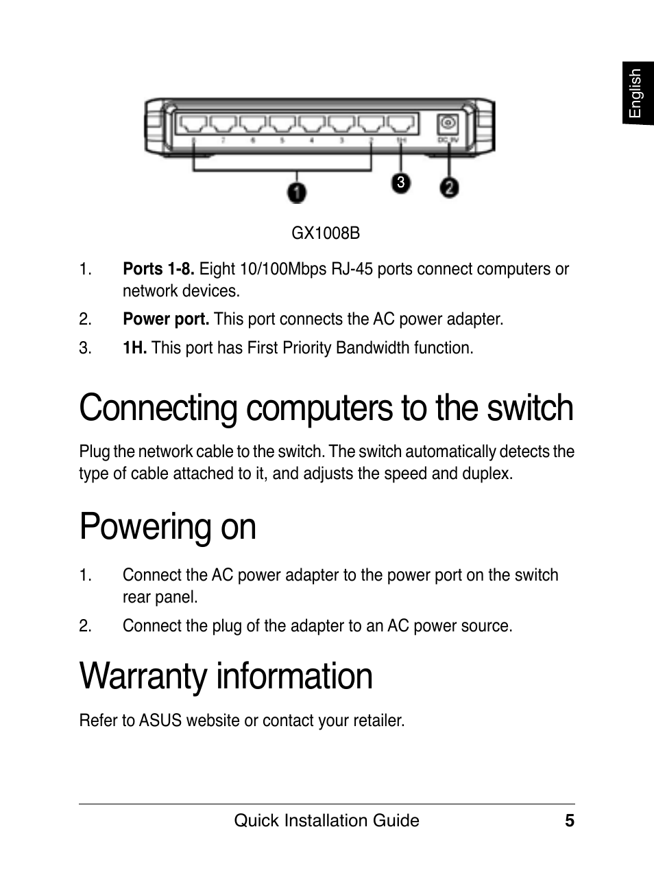 Powering on, Connecting computers to the switch, Warranty information | Asus GX1008B V5 User Manual | Page 6 / 46