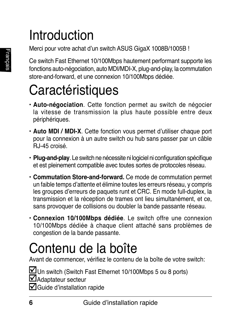 Introduction caractéristiques, Contenu de la boîte | Asus GX1008B V5 User Manual | Page 7 / 46