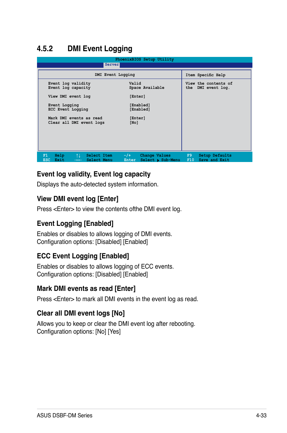 2 dmi event logging, Event log validity, event log capacity, View dmi event log [enter | Event logging [enabled, Ecc event logging [enabled, Mark dmi events as read [enter, Clear all dmi event logs [no, Displays the auto-detected system information | Asus DSBF-DM/SAS User Manual | Page 101 / 204