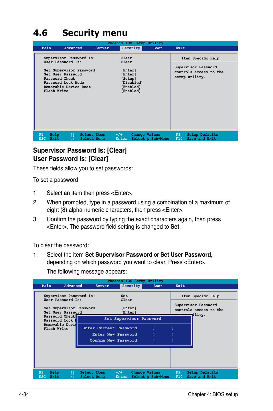 6 security menu, 34 chapter 4: bios setup | Asus DSBF-DM/SAS User Manual | Page 102 / 204