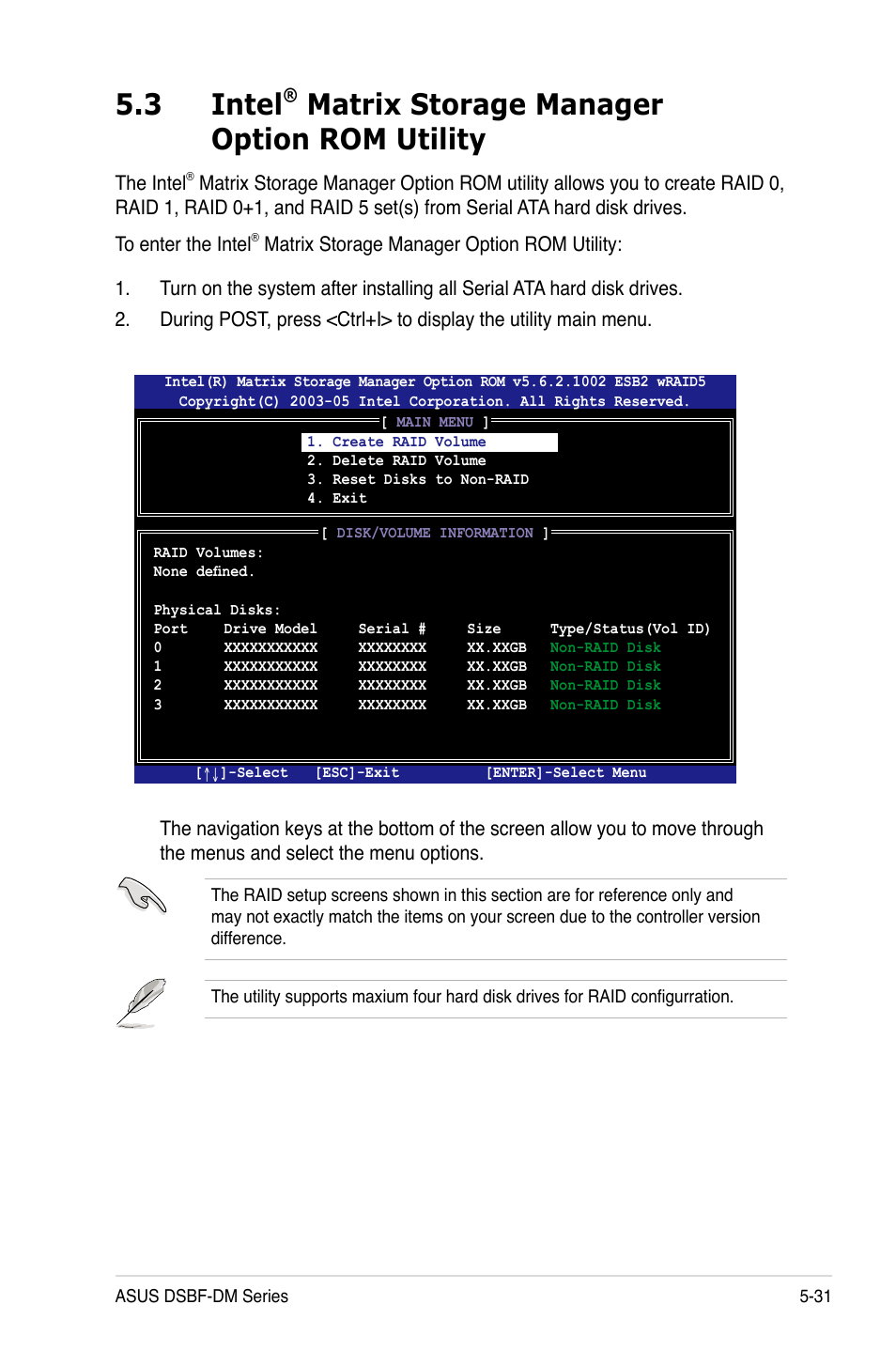 3 intel, Matrix storage manager option rom utility | Asus DSBF-DM/SAS User Manual | Page 141 / 204