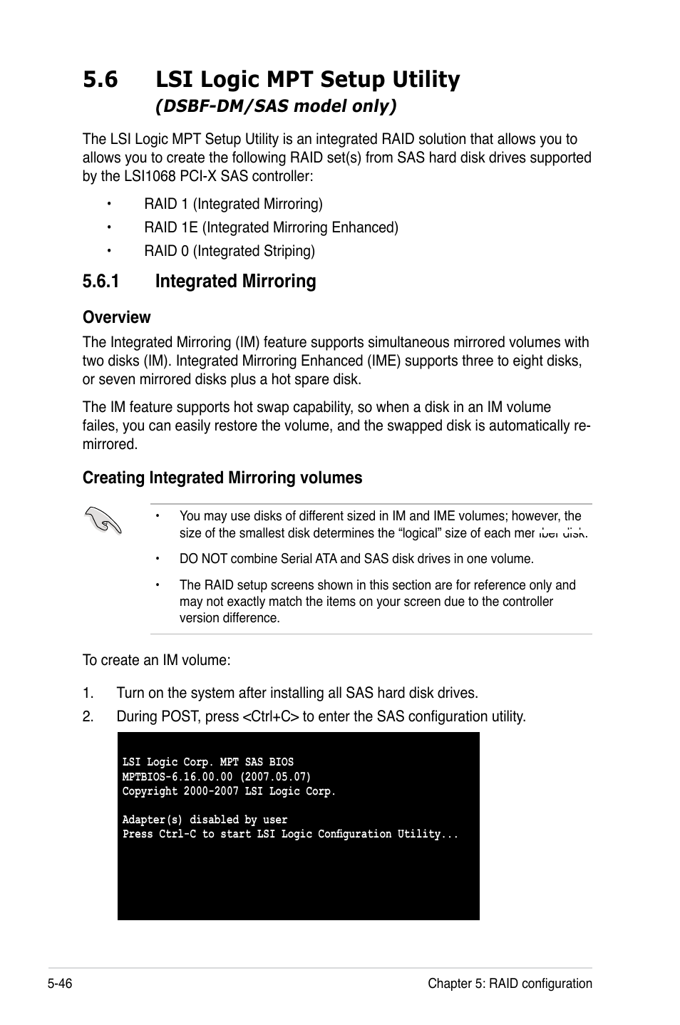 6 lsi logic mpt setup utility, 1 integrated mirroring | Asus DSBF-DM/SAS User Manual | Page 156 / 204