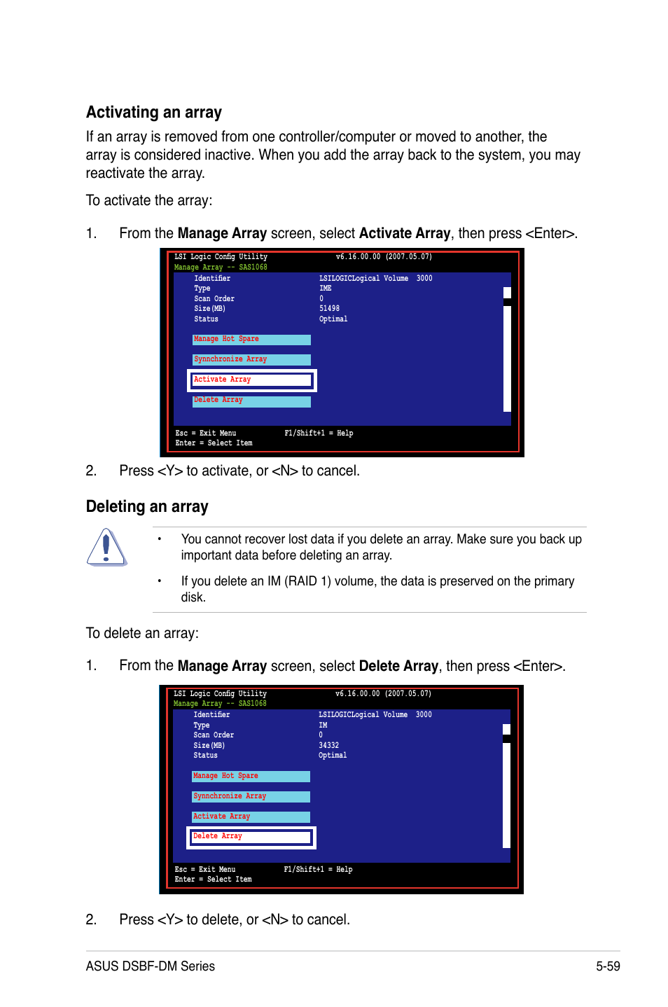 Activating an array, Deleting an array, Asus dsbf-dm series 5-59 | Asus DSBF-DM/SAS User Manual | Page 169 / 204