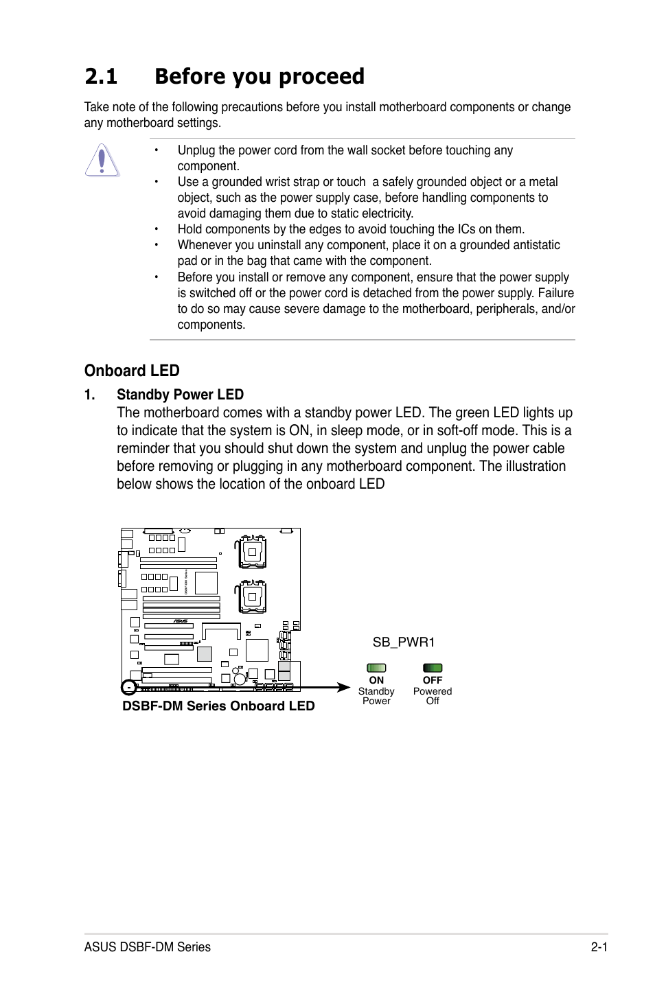 1 before you proceed, Onboard led | Asus DSBF-DM/SAS User Manual | Page 21 / 204