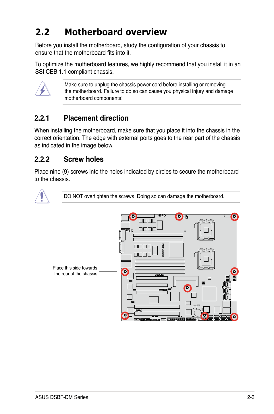 2 motherboard overview, 1 placement direction, 2 screw holes | Asus DSBF-DM/SAS User Manual | Page 23 / 204