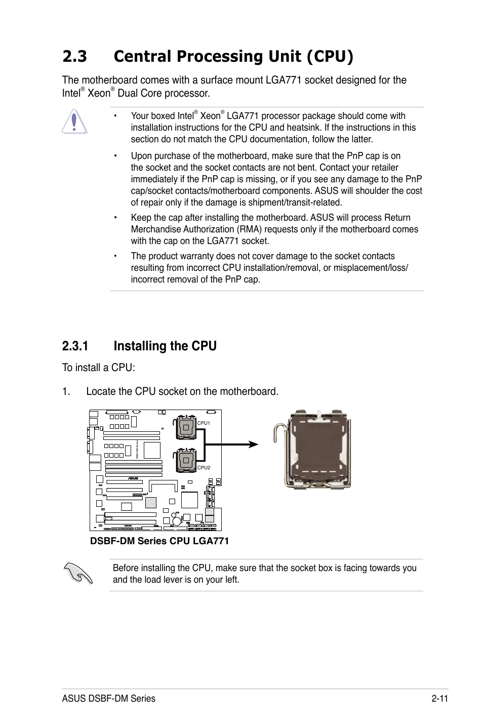 3 central processing unit (cpu), 1 installing the cpu | Asus DSBF-DM/SAS User Manual | Page 31 / 204