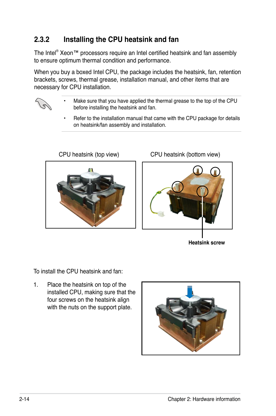 2 installing the cpu heatsink and fan | Asus DSBF-DM/SAS User Manual | Page 34 / 204