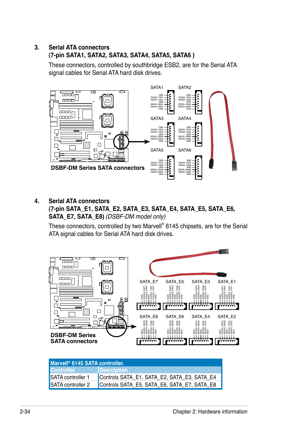34 chapter 2: hardware information, Dsbf-dm series sata connectors, Marvell | Sata2 sata1, Sata4 sata3 sata6 sata5, Sata_e7, Sata_e5, Sata_e3, Sata_e1, Sata_e8 | Asus DSBF-DM/SAS User Manual | Page 54 / 204
