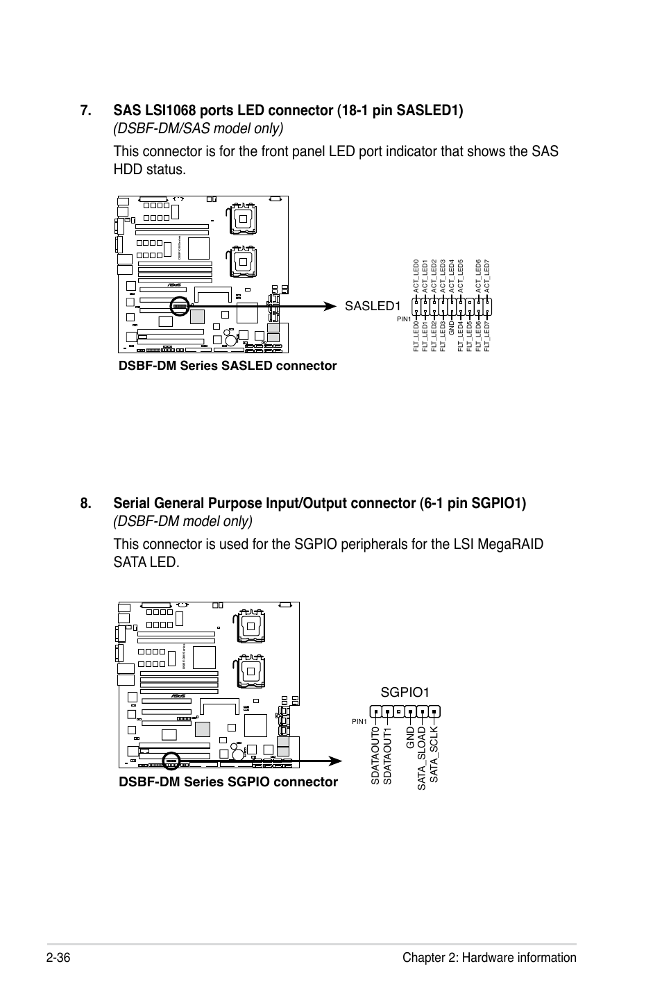 36 chapter 2: hardware information, Dsbf-dm series sgpio connector sgpio1, Dsbf-dm series sasled connector sasled1 | Asus DSBF-DM/SAS User Manual | Page 56 / 204