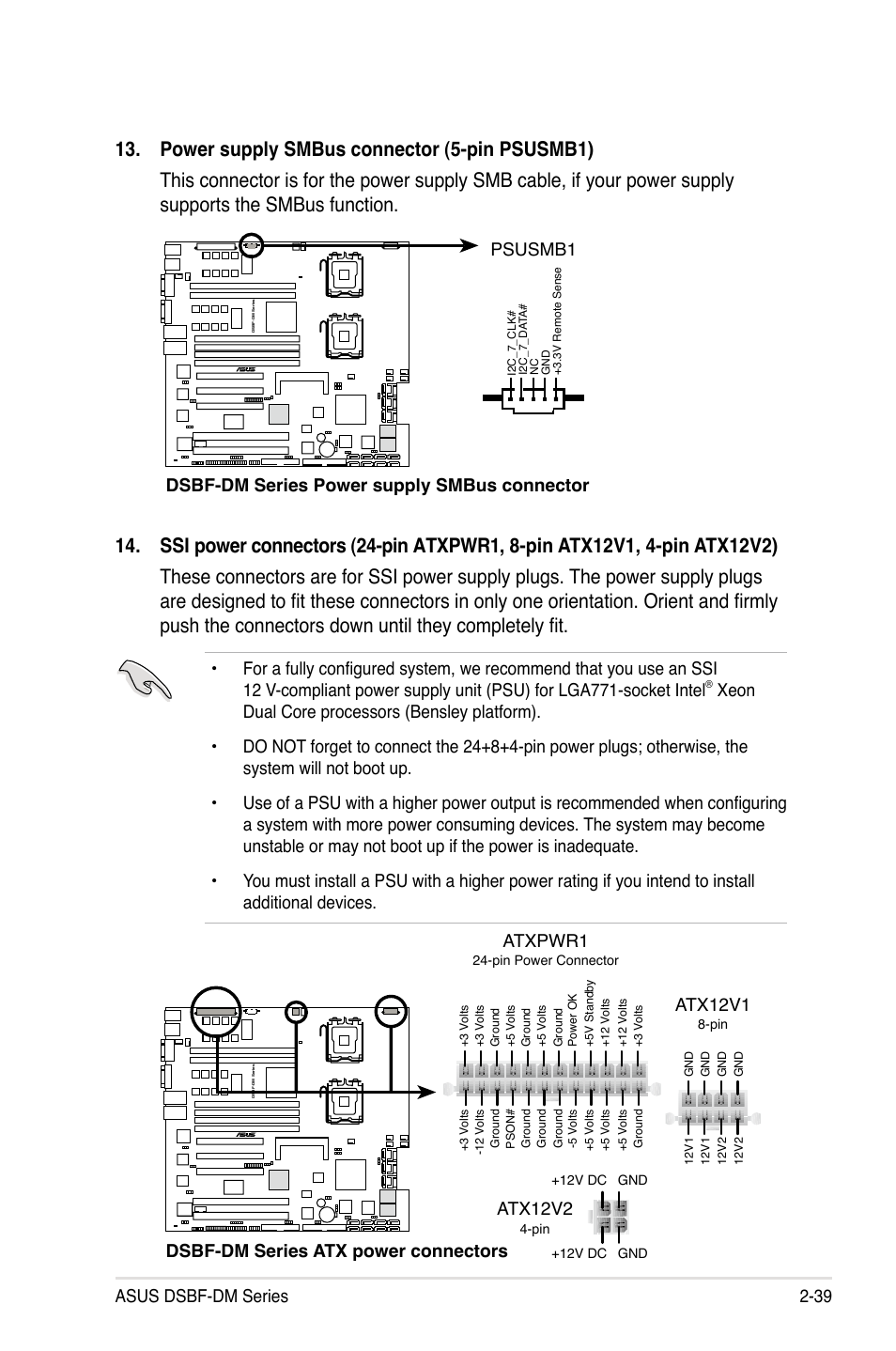 Asus dsbf-dm series 2-39, Dsbf-dm series atx power connectors, Atxpwr1 atx12v1 | Atx12v2 | Asus DSBF-DM/SAS User Manual | Page 59 / 204
