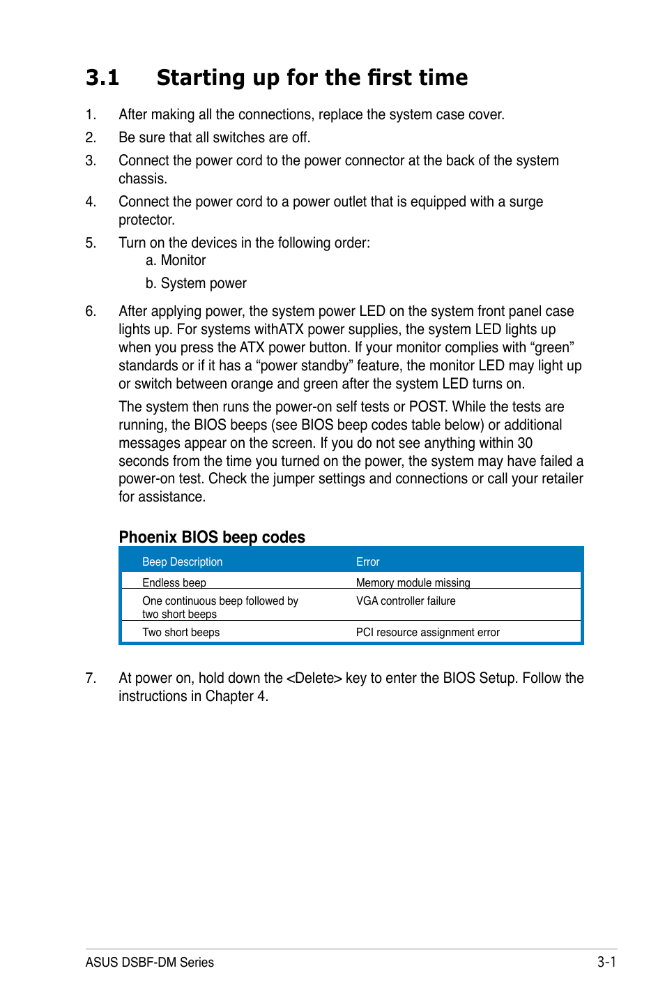 1 starting up for the first time, Phoenix bios beep codes | Asus DSBF-DM/SAS User Manual | Page 65 / 204