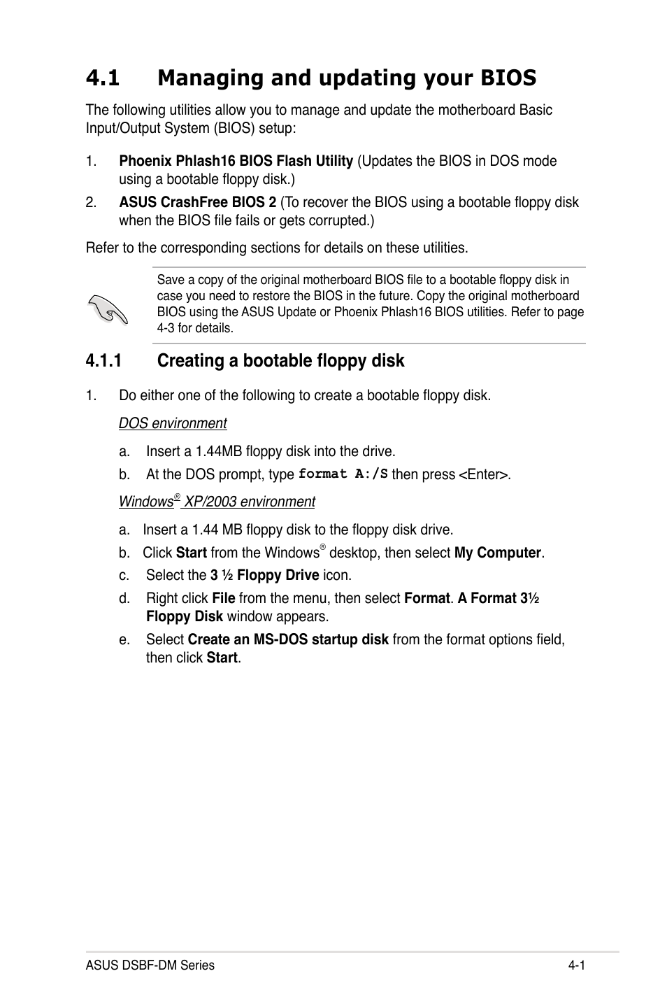 1 managing and updating your bios, 1 creating a bootable floppy disk | Asus DSBF-DM/SAS User Manual | Page 69 / 204