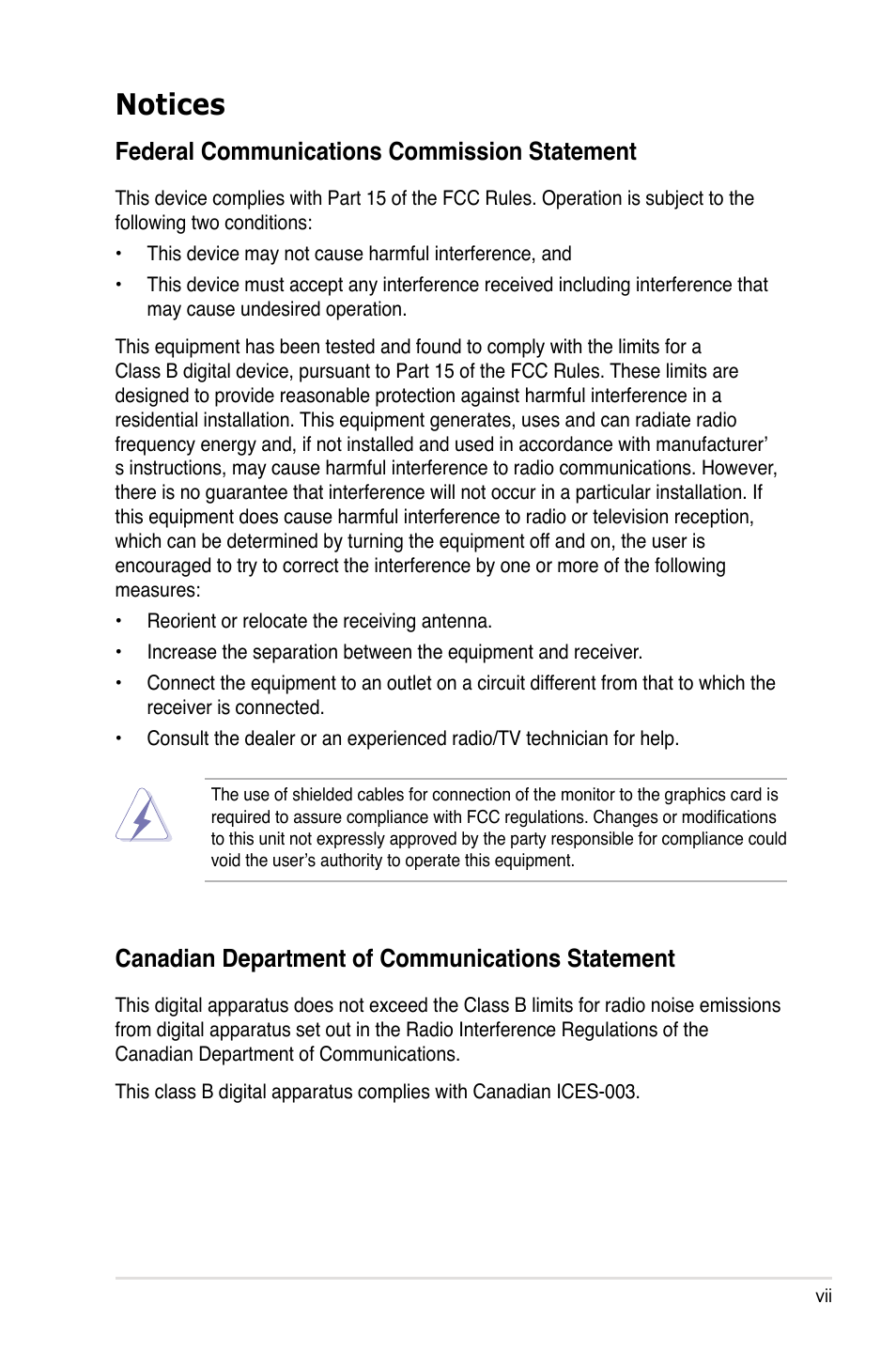 Notices, Federal communications commission statement, Canadian department of communications statement | Asus DSBF-DM/SAS User Manual | Page 7 / 204