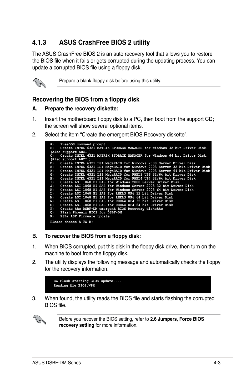 3 asus crashfree bios 2 utility, Recovering the bios from a floppy disk | Asus DSBF-DM/SAS User Manual | Page 71 / 204
