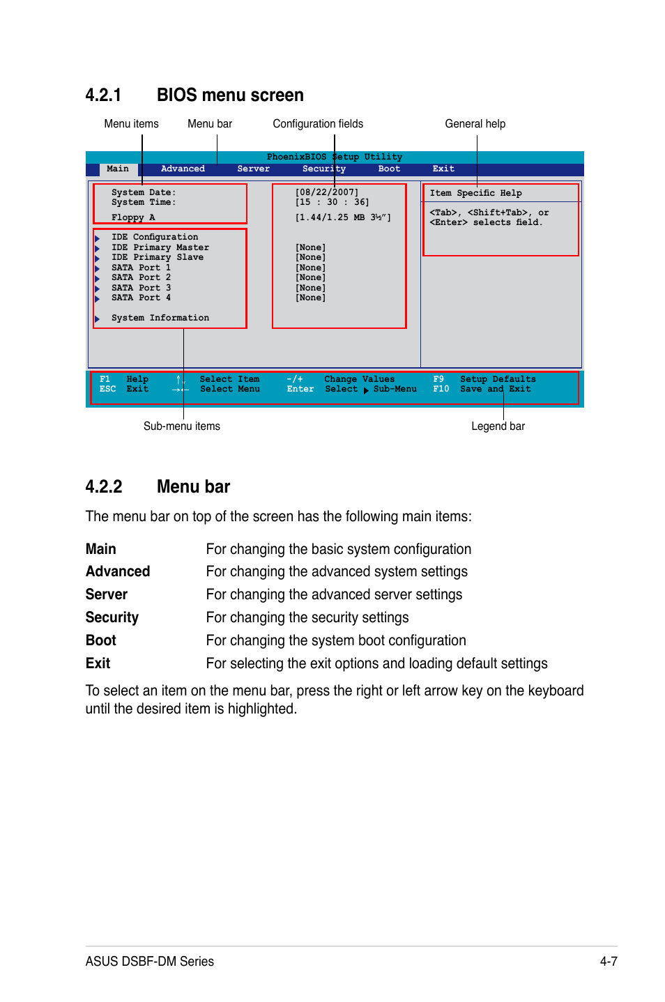 2 menu bar, 1 bios menu screen | Asus DSBF-DM/SAS User Manual | Page 75 / 204