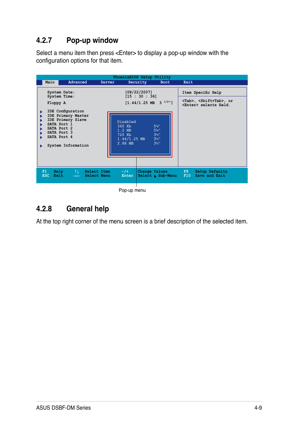 7 pop-up window, 8 general help, Asus dsbf-dm series 4-9 | Asus DSBF-DM/SAS User Manual | Page 77 / 204