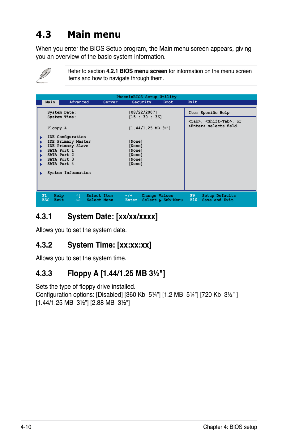 3 main menu, 2 system time: [xx:xx:xx, Allows you to set the system date | Allows you to set the system time | Asus DSBF-DM/SAS User Manual | Page 78 / 204