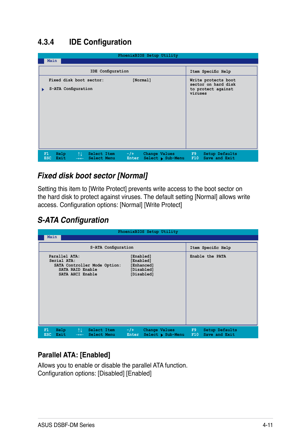 4 ide configuration, Fixed disk boot sector [normal, S-ata configuration | Parallel ata: [enabled, Asus dsbf-dm series 4-11 | Asus DSBF-DM/SAS User Manual | Page 79 / 204