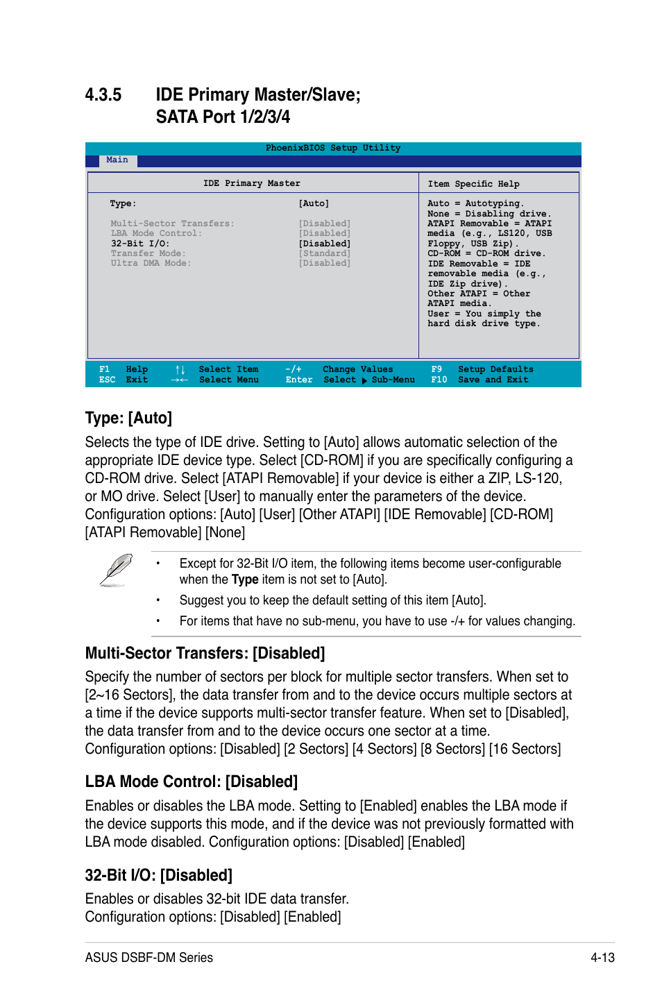 Type: [auto, Multi-sector transfers: [disabled, Lba mode control: [disabled | Bit i/o: [disabled | Asus DSBF-DM/SAS User Manual | Page 81 / 204