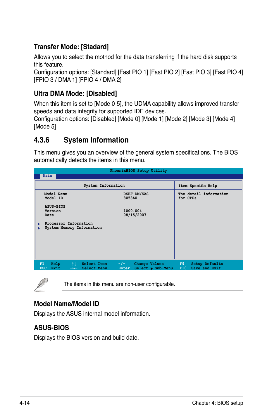 6 system information, Transfer mode: [stadard, Ultra dma mode: [disabled | Model name/model id, Asus-bios, Displays the asus internal model information, Displays the bios version and build date | Asus DSBF-DM/SAS User Manual | Page 82 / 204