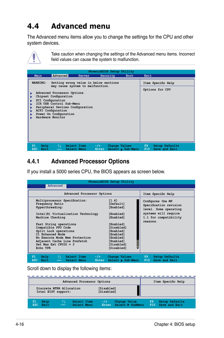 4 advanced menu, 1 advanced processor options, Scroll down to display the following items | 16 chapter 4: bios setup | Asus DSBF-DM/SAS User Manual | Page 84 / 204