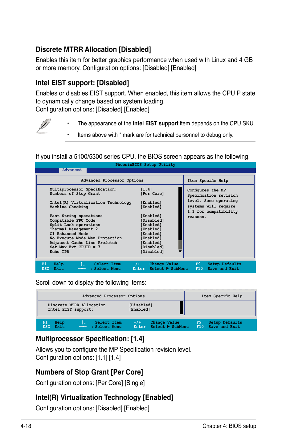 Discrete mtrr allocation [disabled, Intel eist support: [disabled, Multiprocessor specification: [1.4 | Numbers of stop grant [per core, Intel(r) virtualization technology [enabled, Configuration options: [per core] [single, Configuration options: [disabled] [enabled, 18 chapter 4: bios setup | Asus DSBF-DM/SAS User Manual | Page 86 / 204