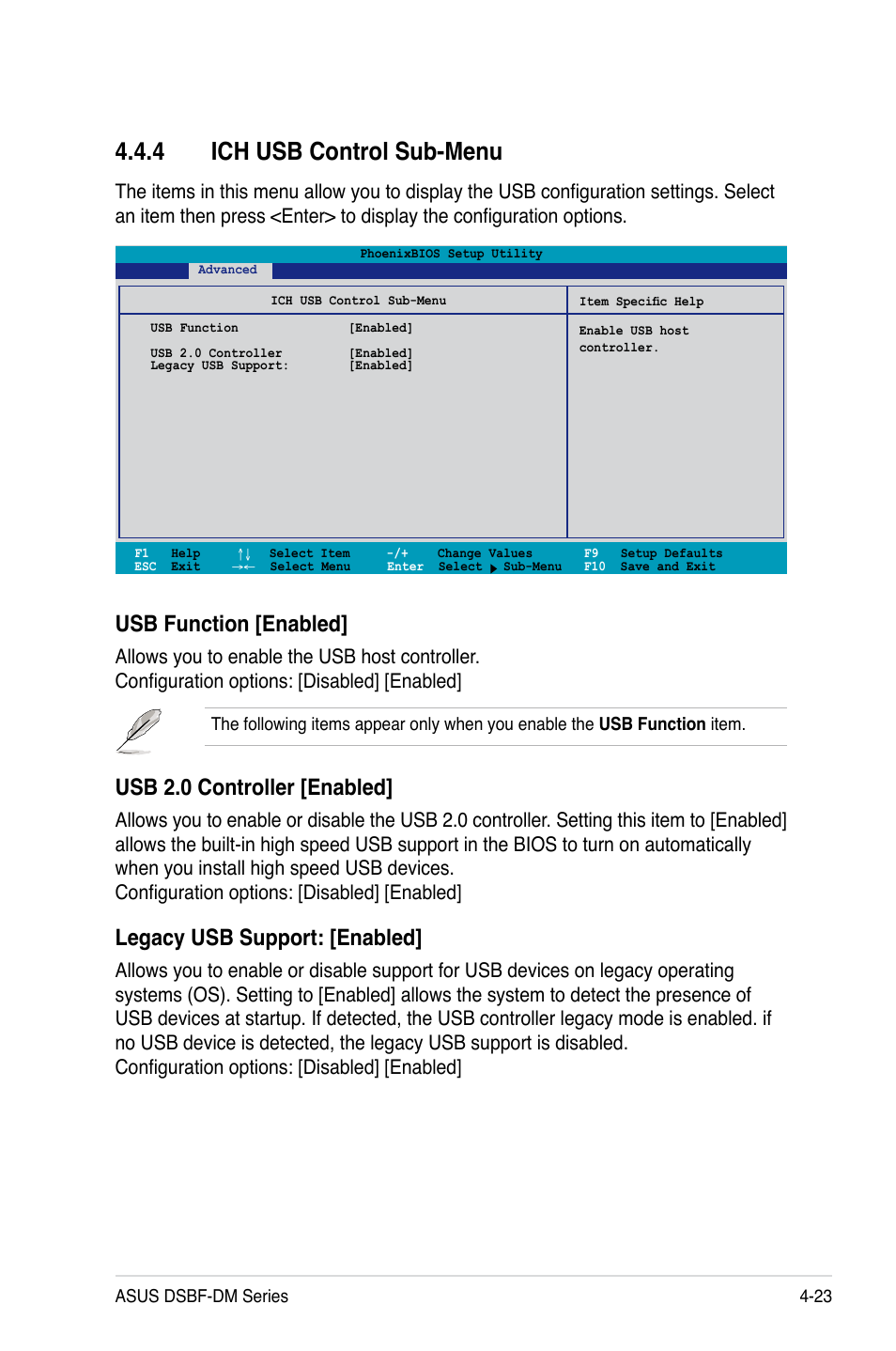 4 ich usb control sub-menu, Usb function [enabled, Usb 2.0 controller [enabled | Legacy usb support: [enabled | Asus DSBF-DM/SAS User Manual | Page 91 / 204