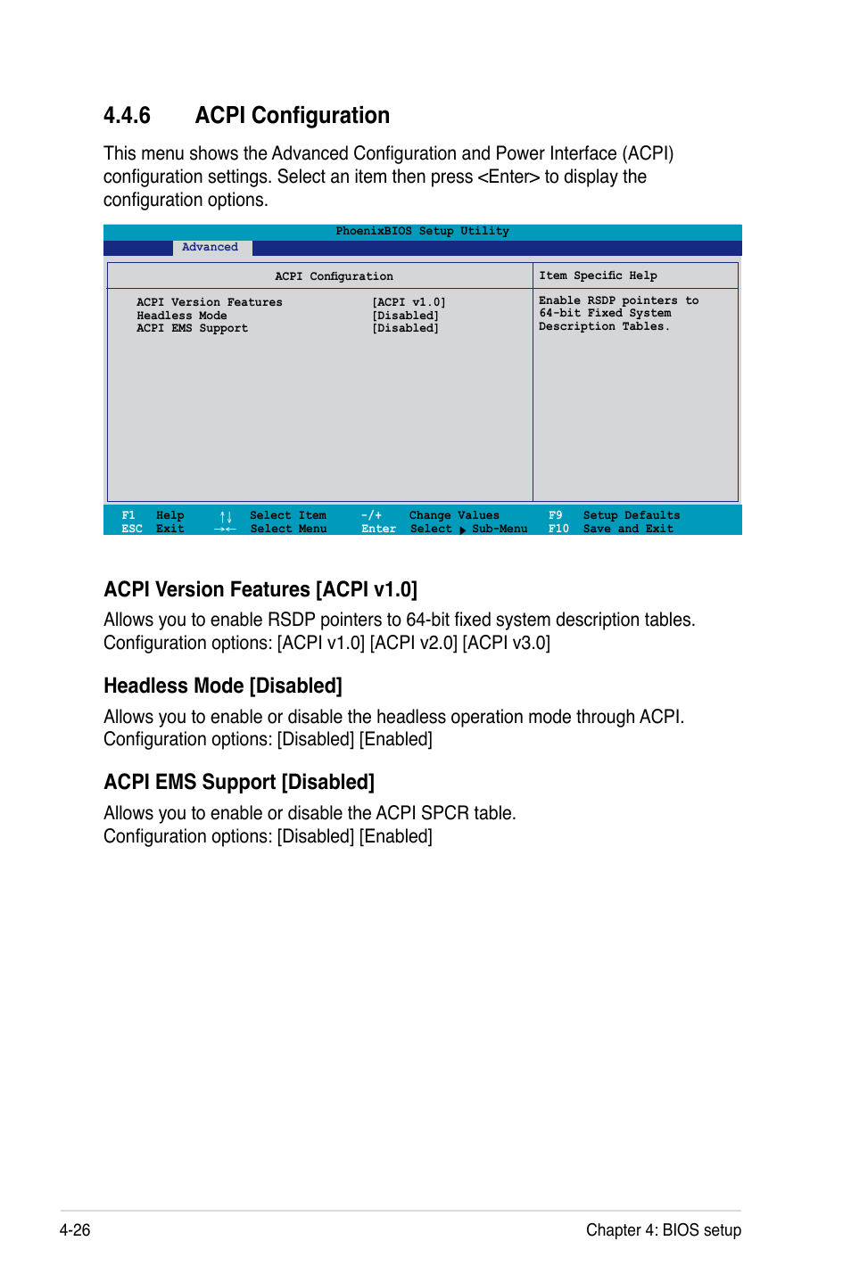 6 acpi configuration, Acpi version features [acpi v1.0, Headless mode [disabled | Acpi ems support [disabled | Asus DSBF-DM/SAS User Manual | Page 94 / 204