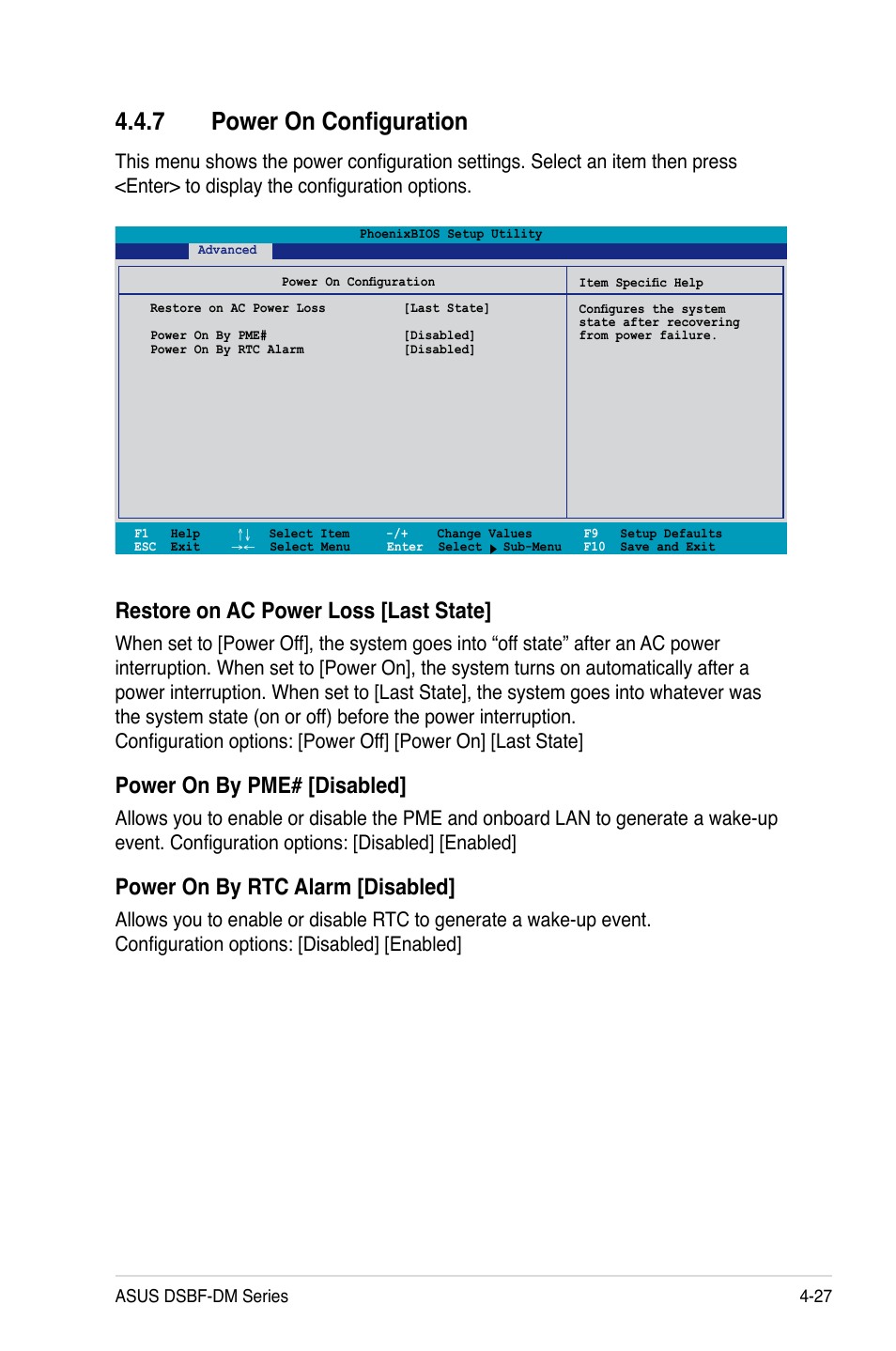 7 power on configuration, Restore on ac power loss [last state, Power on by pme# [disabled | Power on by rtc alarm [disabled | Asus DSBF-DM/SAS User Manual | Page 95 / 204