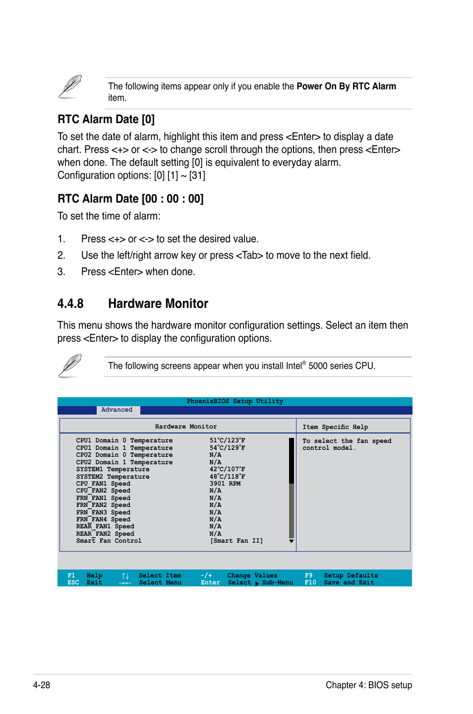 8 hardware monitor, Rtc alarm date [0, 5000 series cpu | Asus DSBF-DM/SAS User Manual | Page 96 / 204