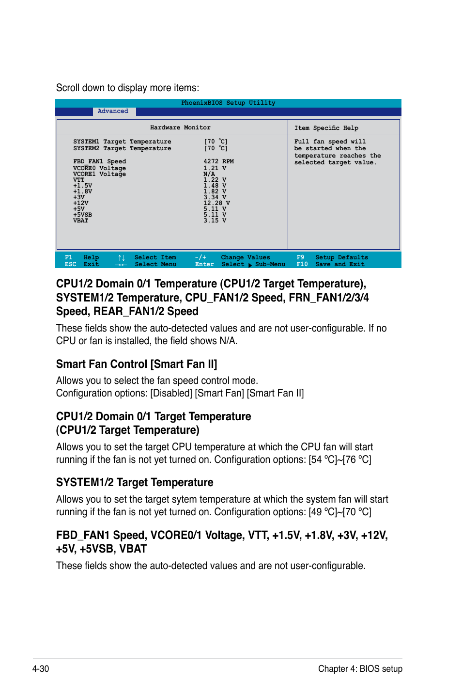 Smart fan control [smart fan ii, System1/2 target temperature, Scroll down to display more items | Asus DSBF-DM/SAS User Manual | Page 98 / 204