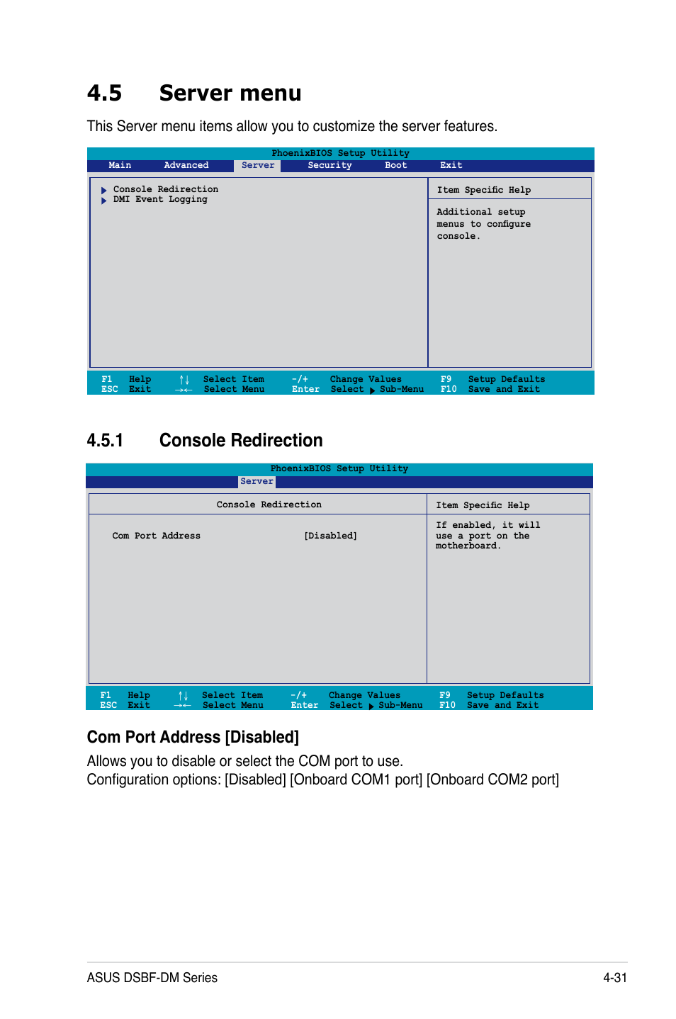 5 server menu, 1 console redirection, Com port address [disabled | Asus dsbf-dm series 4-31 | Asus DSBF-DM/SAS User Manual | Page 99 / 204