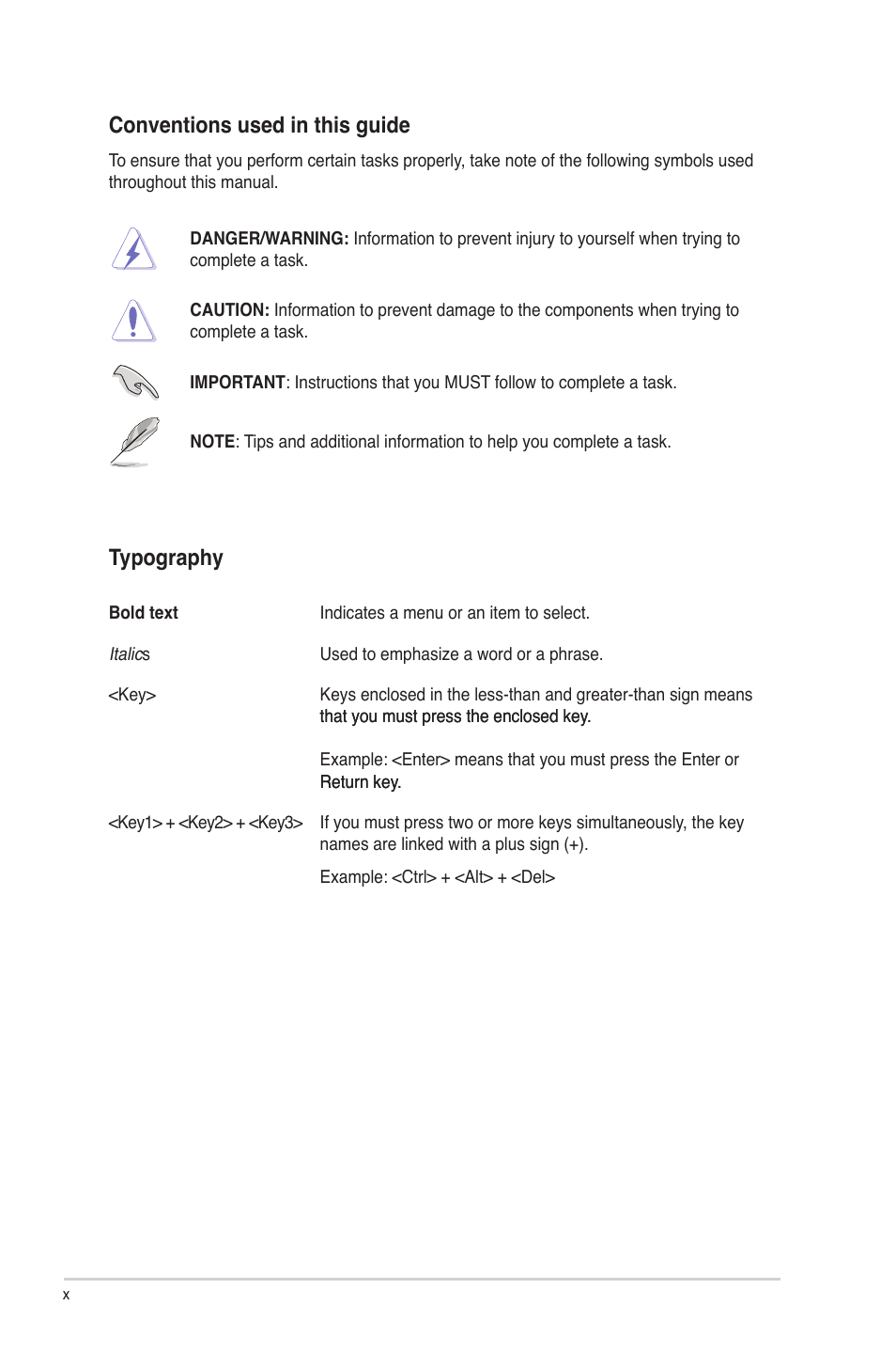 Conventions used in this guide, Typography | Asus P7P55D-E User Manual | Page 10 / 126