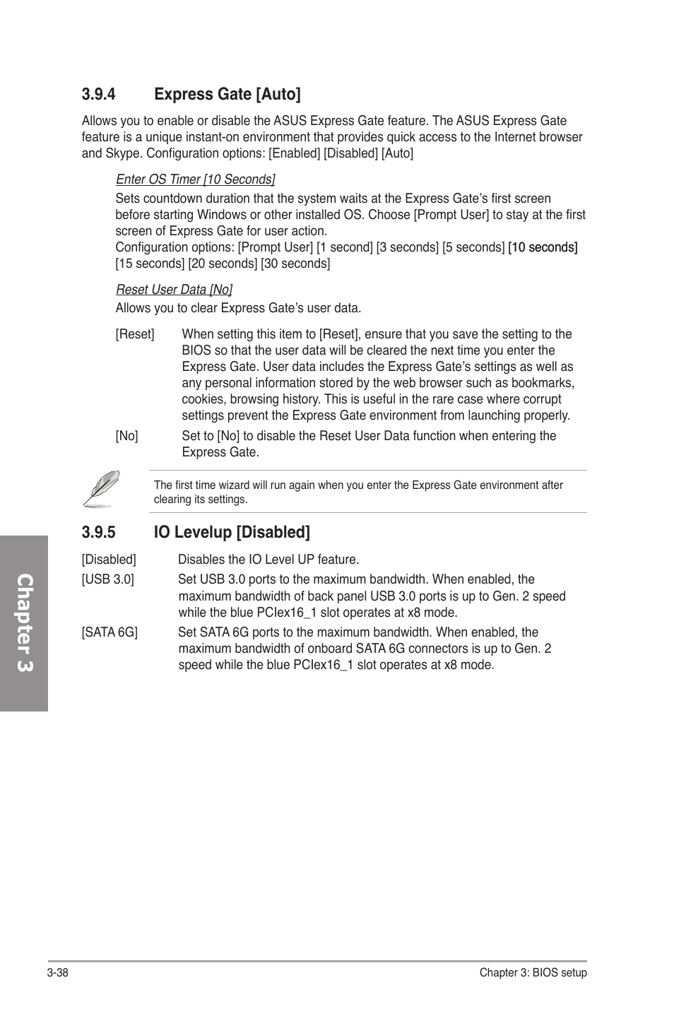 4 express gate [auto, 5 io levelup [disabled, Express gate -38 | Io levelup -38, Chapter 3 | Asus P7P55D-E User Manual | Page 100 / 126